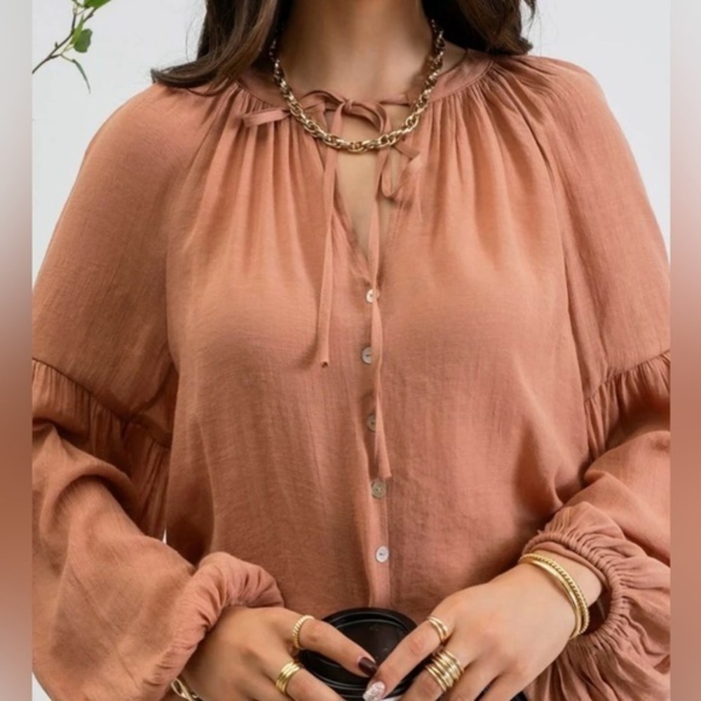 Blu Pepper x Anthro Women's Sienna Button Tie Blouson Sleeve Top NWT M #1259